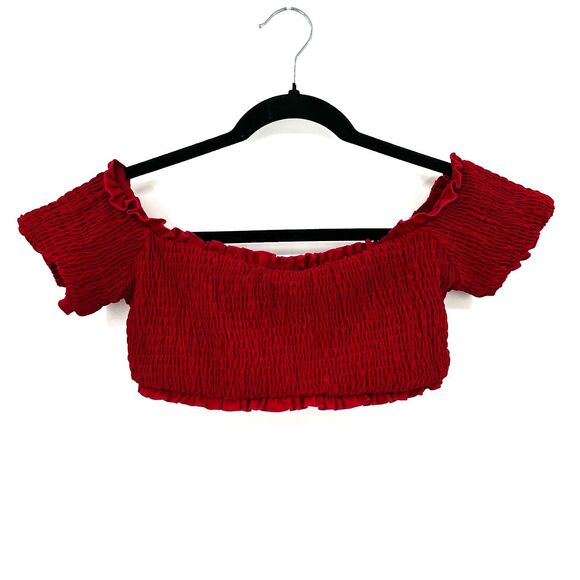 CHARLIE HOLIDAY Red Smocked Ruffle Off The Shoudler Festival Crop Top Size 2 - Picture 2 of 4